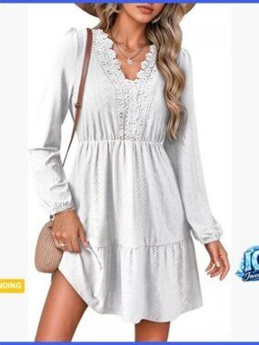 Lace Hollow Out Embroidered V-Neck Long Sleeve A-Line Mini Dress